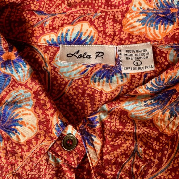 LOLA P. Sz L Floral Print Button Up Shirt Hi-Low Hem Lace Up Back Boho Western - Picture 5 of 6
